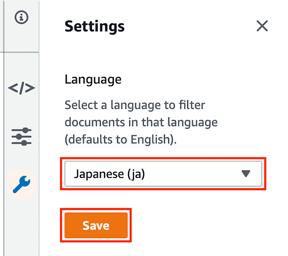 Screenshot of the Amazon Kendra settings panel showing language selection with Japanese (ja) chosen and the Save button highlighted.