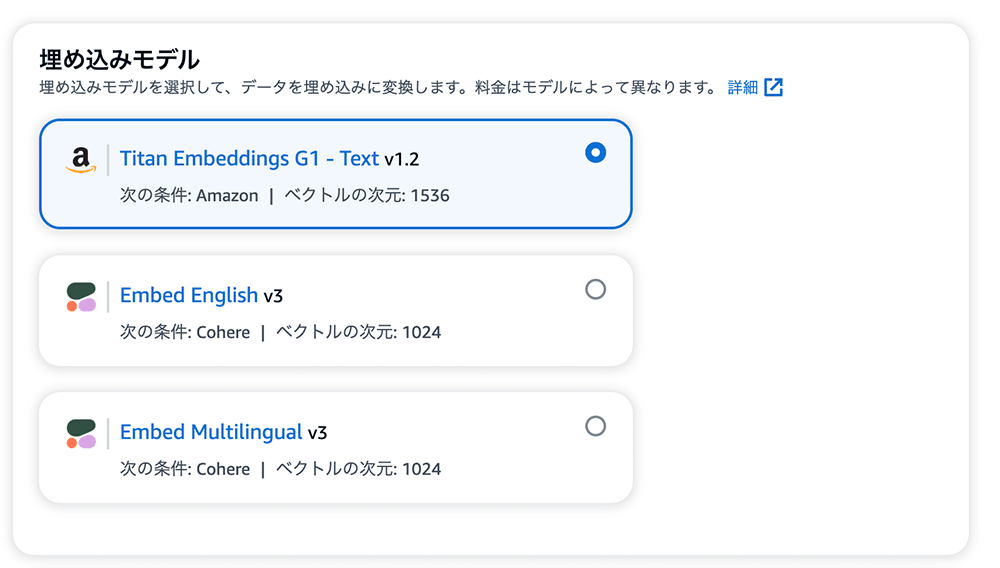 埋め込みモデルの選択画面。Amazon Titan Embeddings G1 - Text v1.2、Cohere Embed English v3、Cohere Embed Multilingual v3 の各モデルが表示され、切り替えが可能なインターフェース。