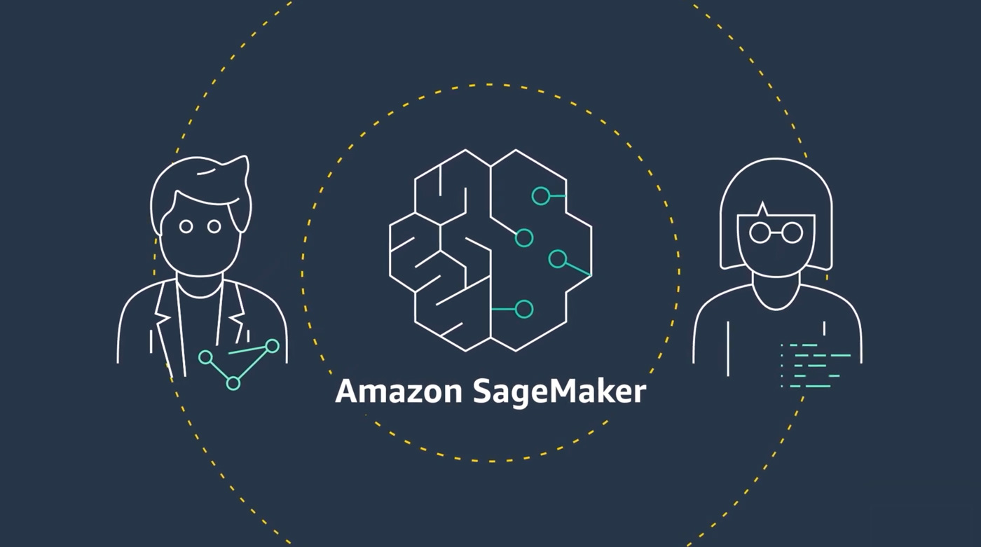 Illustration featuring the Amazon SageMaker brain logo in the center, with stylized user icons on either side, set against a dark background with dotted circles, representing machine learning and collaboration.