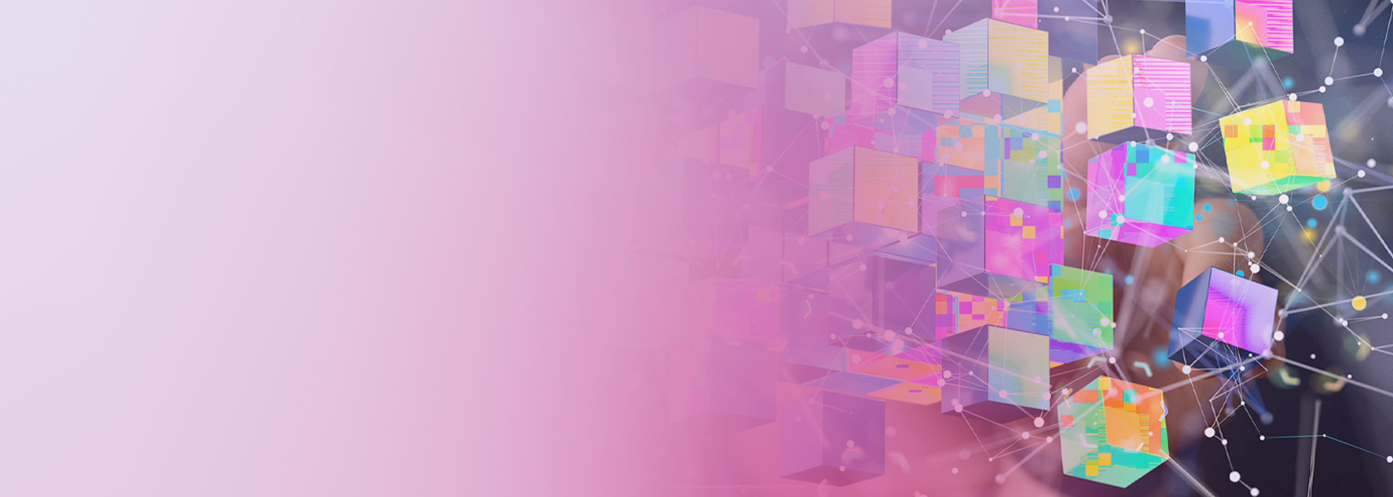 A conceptual illustration featuring colorful, interconnected digital cubes representing data or AI/ML processes, associated with Amazon Bedrock Interpreter. The image has a gradient pink background and conveys machine learning, data integration, and artificial intelligence themes.
