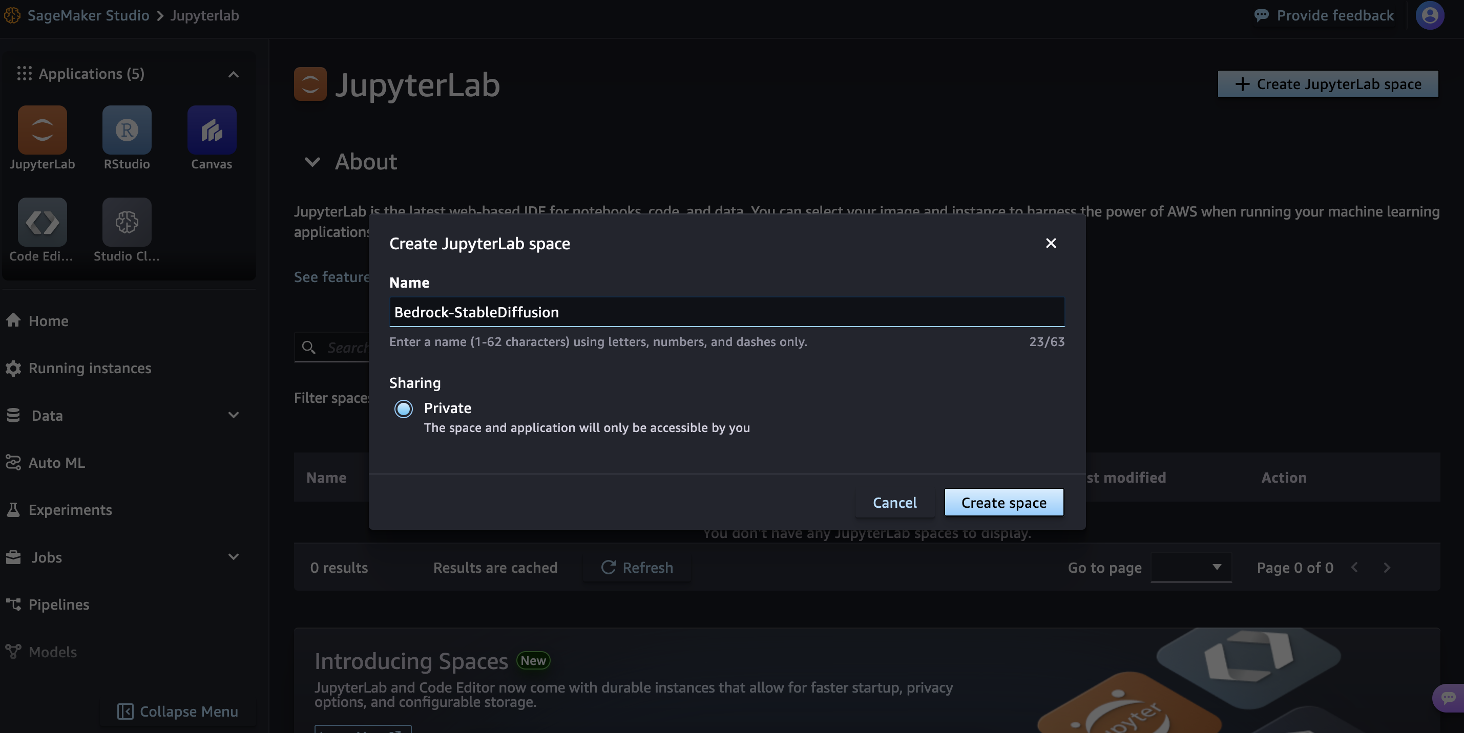 Screenshot of AWS SageMaker Studio showing the creation of a new JupyterLab space named 'Bedrock-StableDiffusion', with private sharing selected. The interface highlights steps and options for setting up a new workspace within the JupyterLab environment.