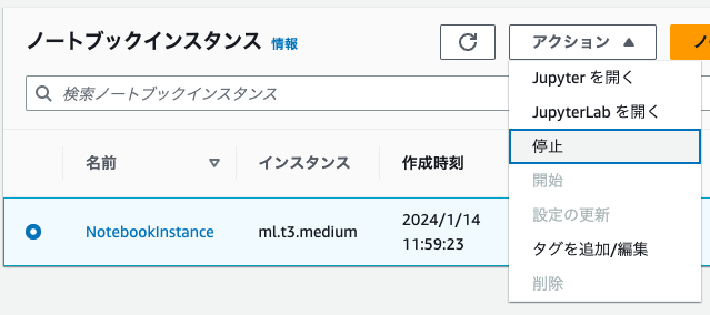 Amazon SageMakerのノートブックインスタンス管理画面（日本語UI）のスクリーンショット。インスタンス名やタイプ、作成時刻、アクションメニュー（Jupyterを開く、停止、タグ編集など）が表示されています。