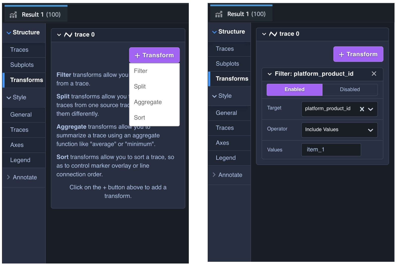 Screenshot showing the Plotly user interface for data transforms, including options for Filter, Split, Aggregate, and Sort. The UI demonstrates how to apply transformations to a data trace, with settings for configuring filter conditions and targeting specific fields.