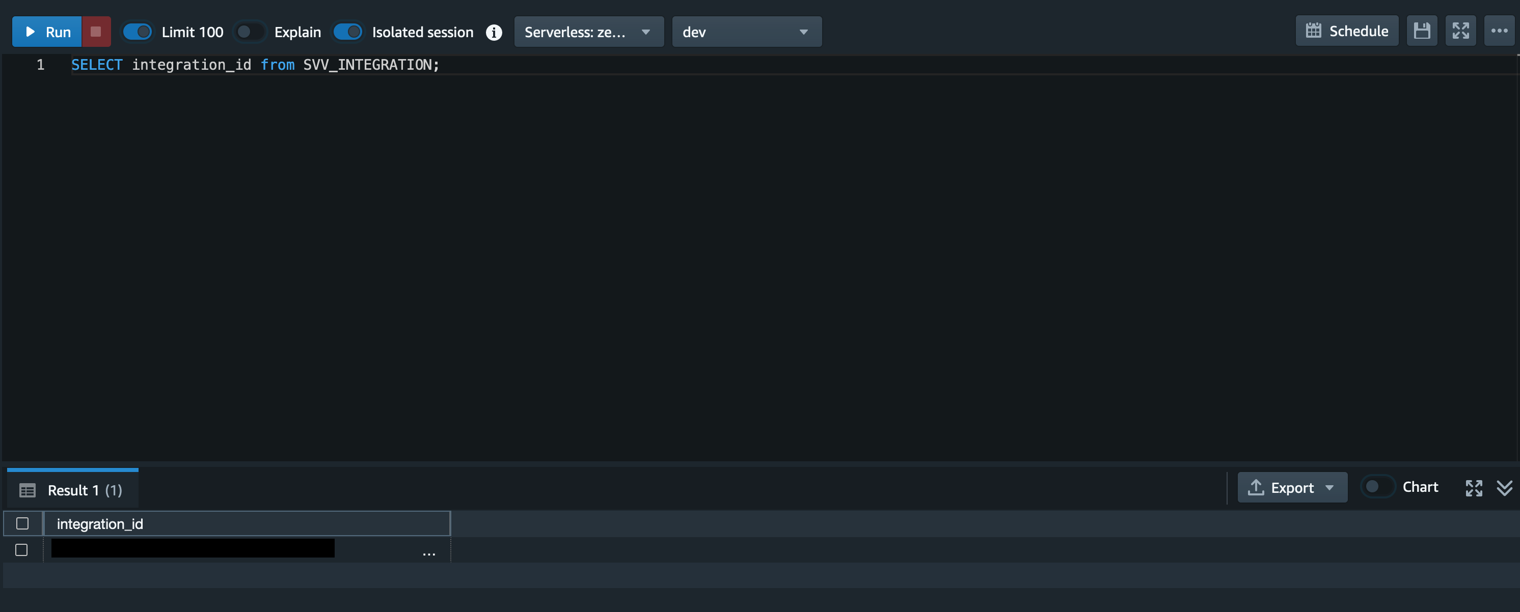 Screenshot of a SQL query editor displaying a query to select 'integration_id' from the 'SVV_INTEGRATION' table, with the result showing an integration ID. Suitable for illustrating game analytics, database integration, or data querying concepts.