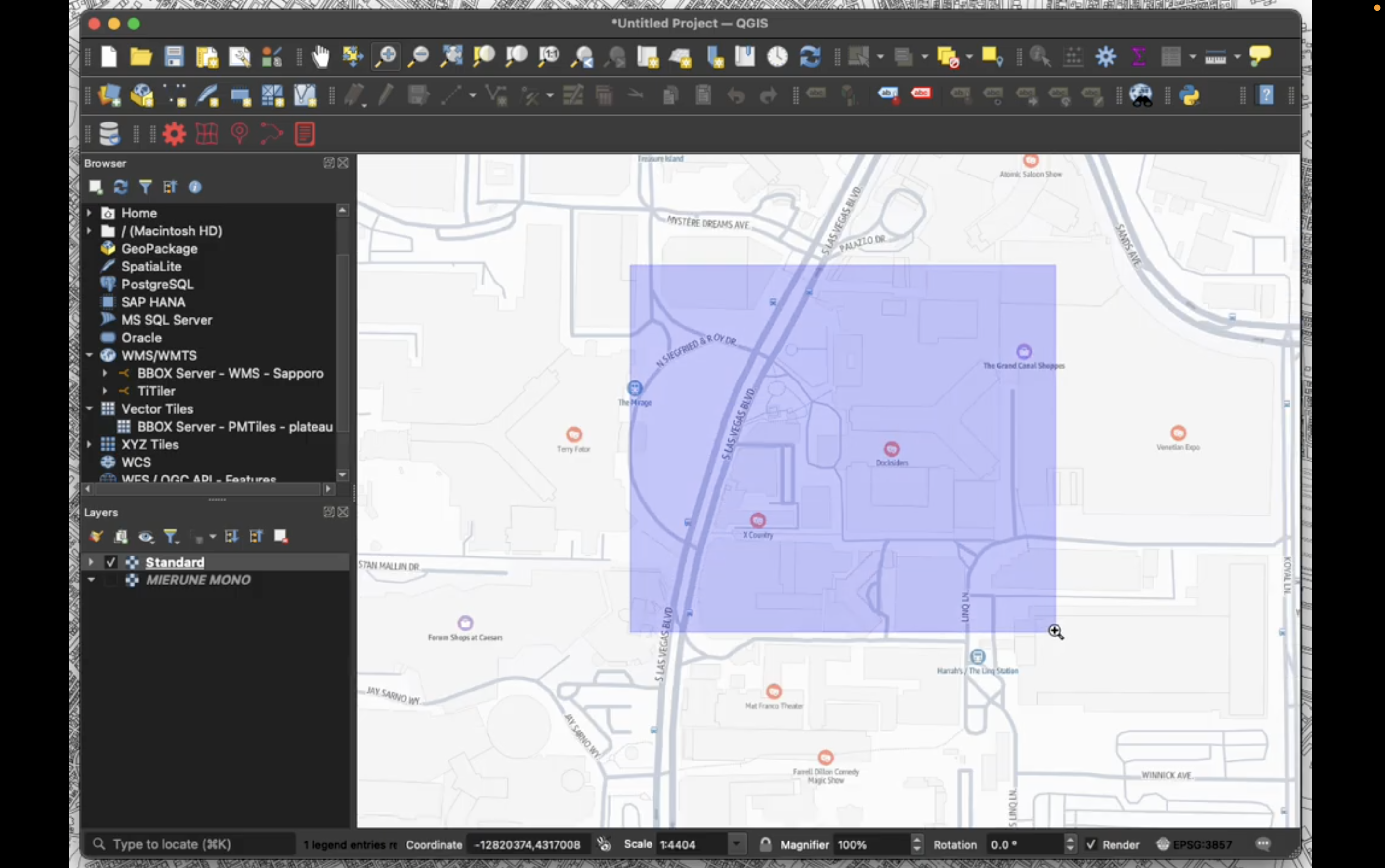 Screenshot of the QGIS software displaying a map with an overlaid semi-transparent purple square, showing analytical geographic layers and various GIS data sources in the sidebar.