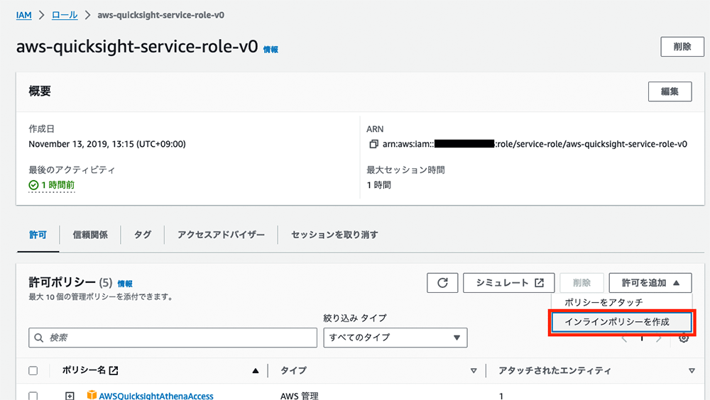 AWS IAMコンソールで表示された、QuickSightサービスロール（aws-quicksight-service-role-v0）の日本語インターフェイス画面。インラインポリシーの作成や許可ポリシーの管理が行える状態を示しています。