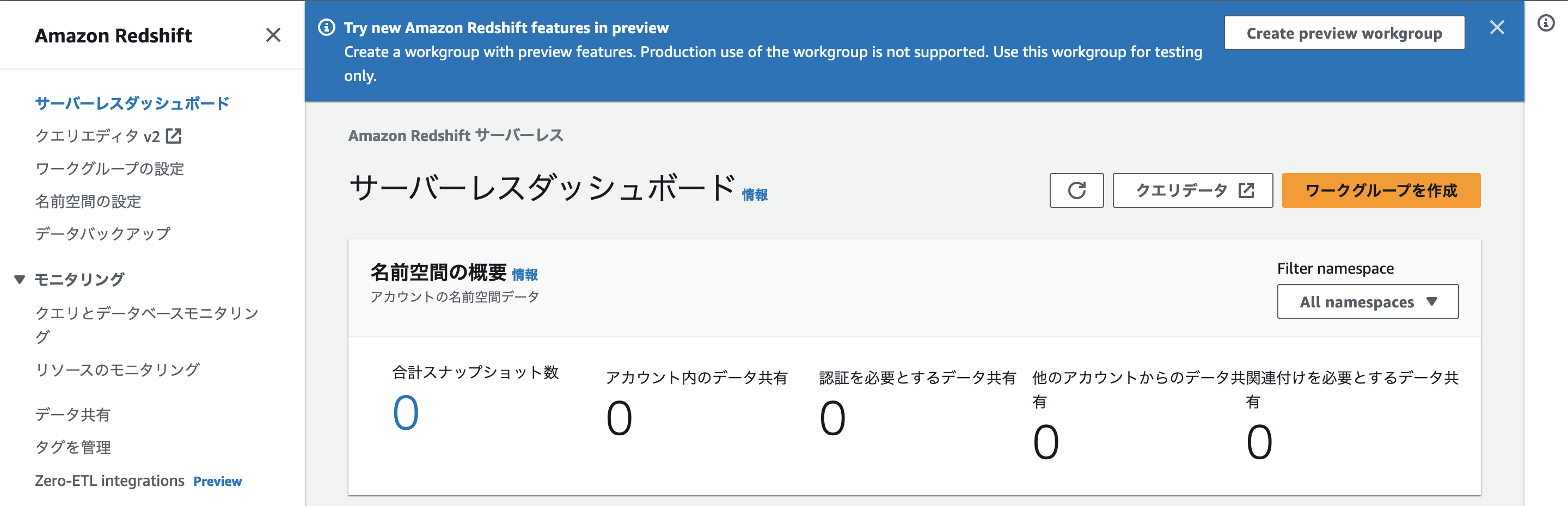 Screenshot of the Amazon Redshift Serverless dashboard in Japanese, showing monitoring and management options such as query editing, workgroup and namespace settings, data backup, and integration features.
