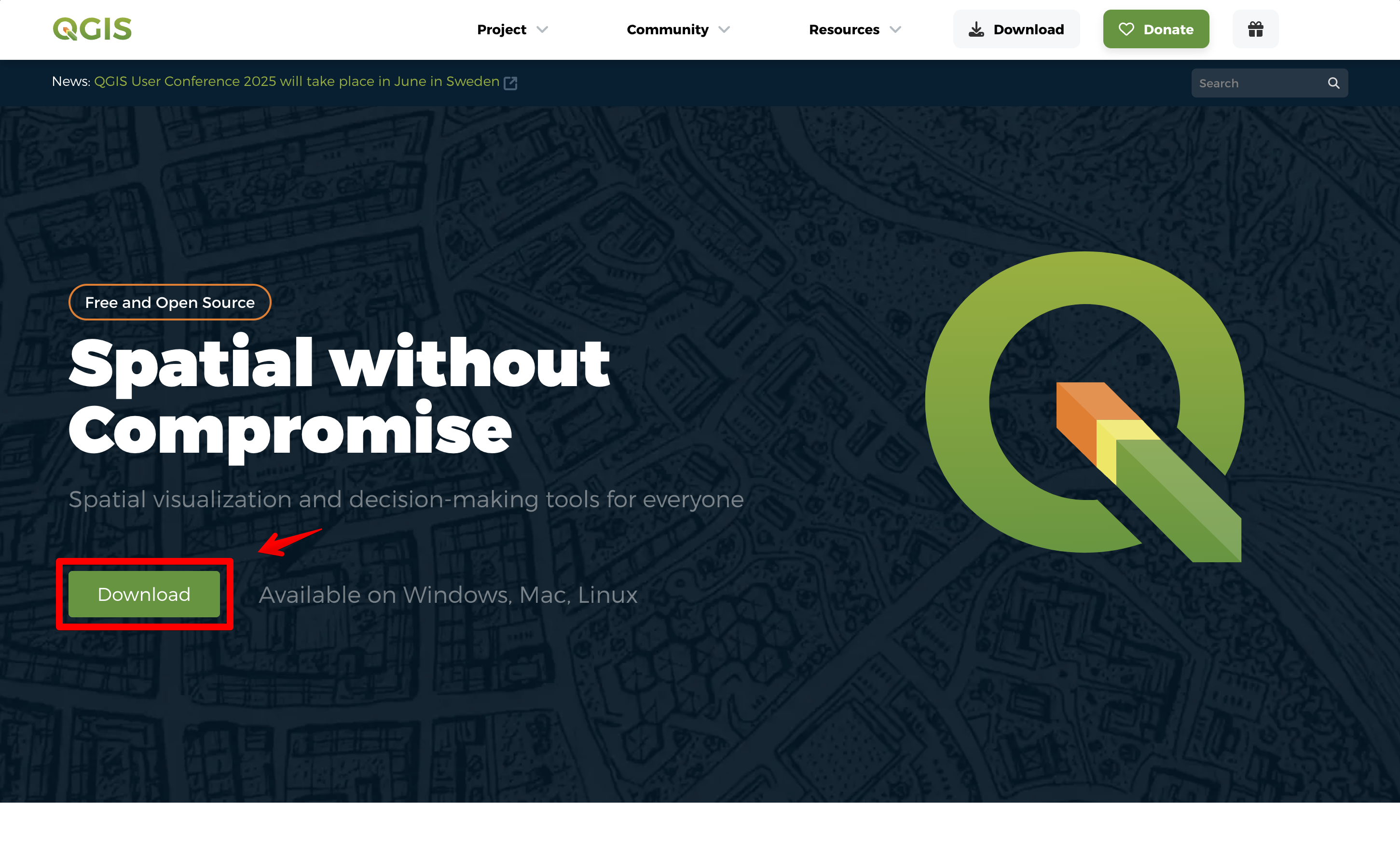 Screenshot of the QGIS website homepage highlighting the Download button and showcasing the slogan 'Spatial without Compromise' for spatial visualization and decision-making tools.