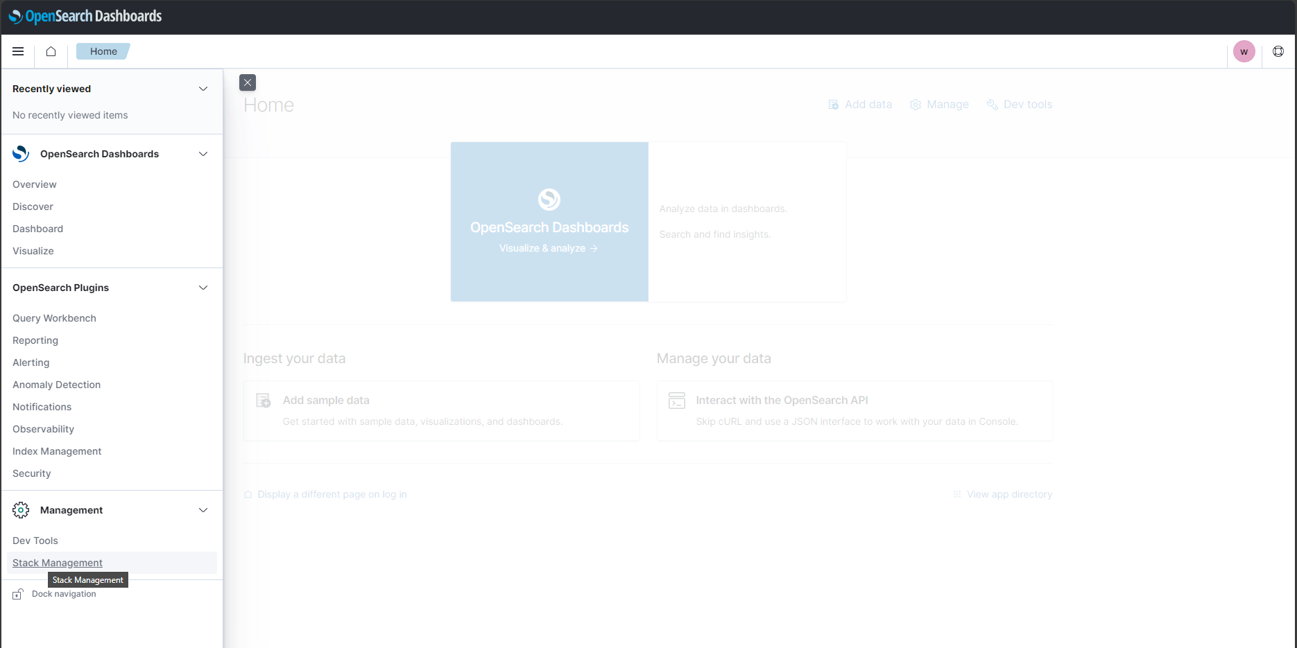 Screenshot of the OpenSearch Dashboards home interface showing the main navigation menu and dashboard options for analytics and data visualization.