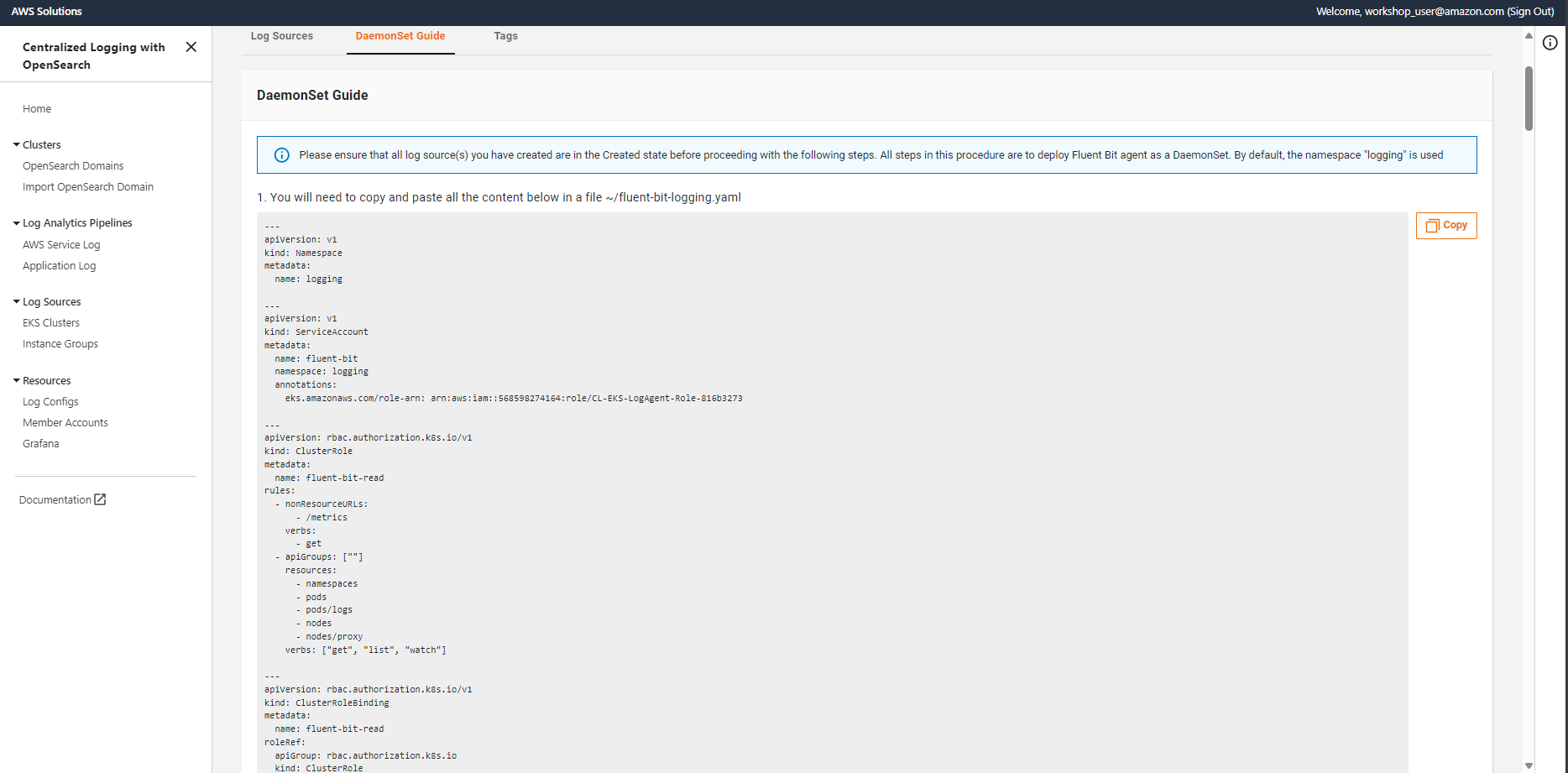 Screenshot of the AWS Centralized Logging with OpenSearch DaemonSet Guide showing setup instructions and example Fluent Bit YAML configuration for deploying Fluent Bit agent as a DaemonSet in Kubernetes.