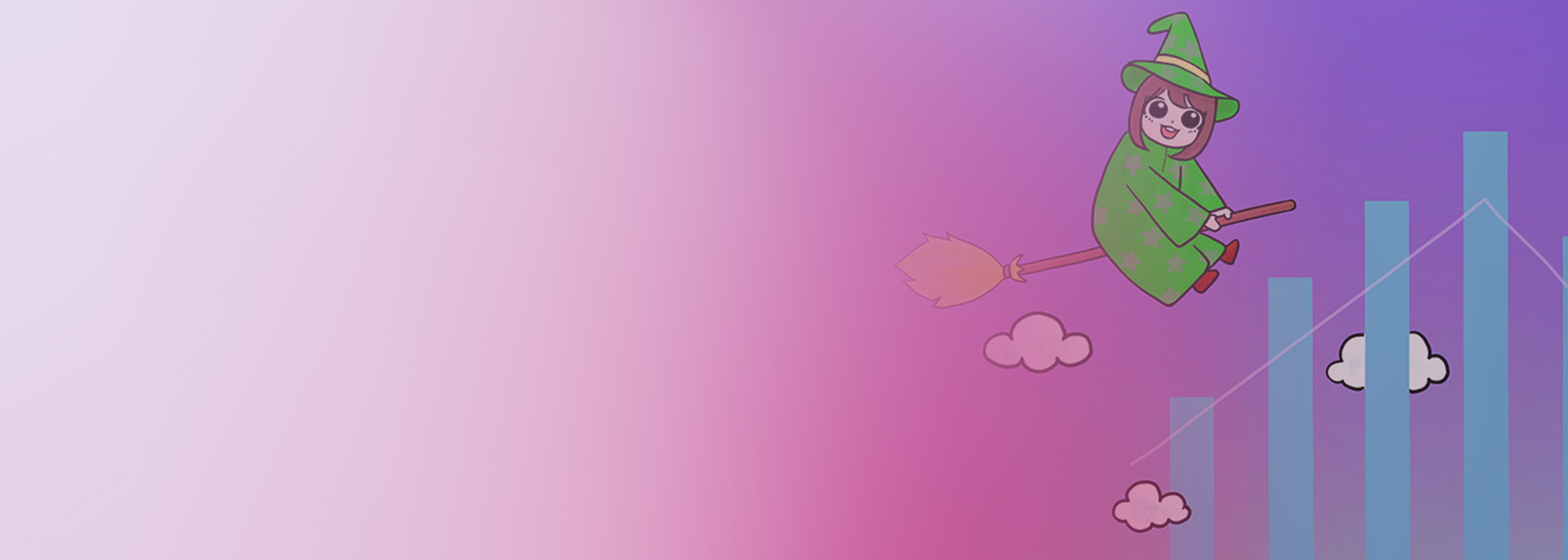 An illustration of a cartoon witch flying on a broomstick with clouds and ascending bar graphs in the background, symbolizing game analytics. The background features a gradient of pink and purple tones.