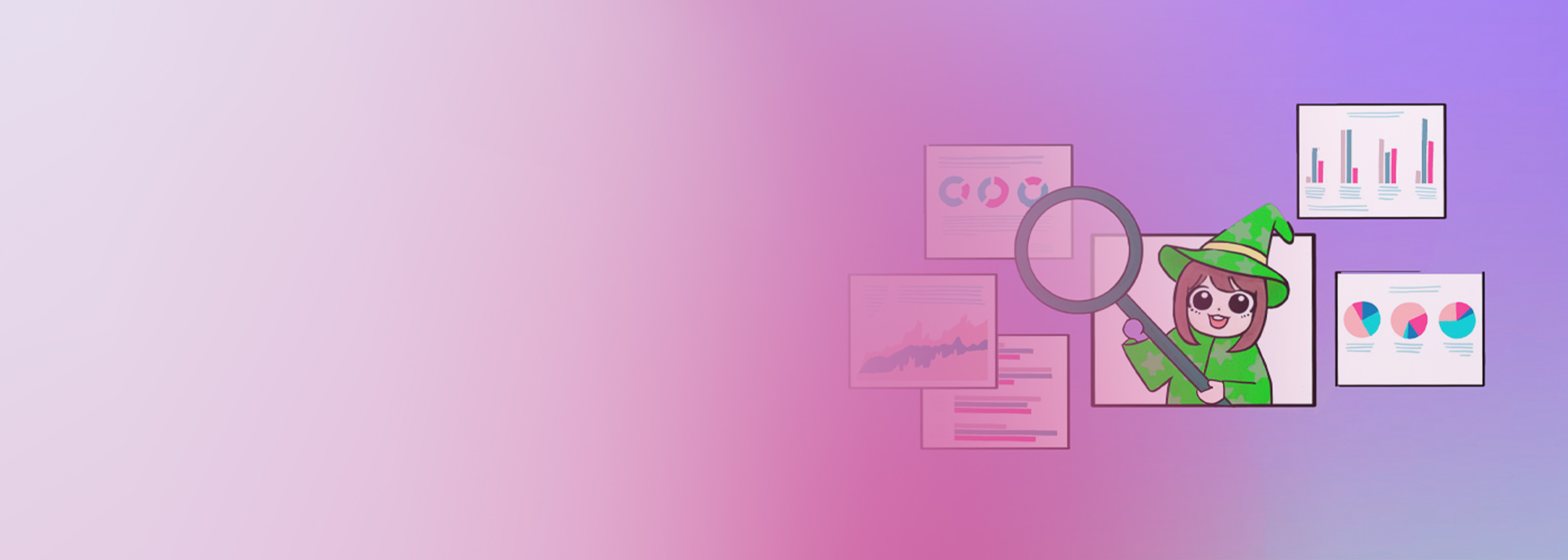An illustration featuring a cartoon character in a green wizard outfit analyzing various game analytics charts and graphs with a magnifying glass, set on a pink and purple gradient background.