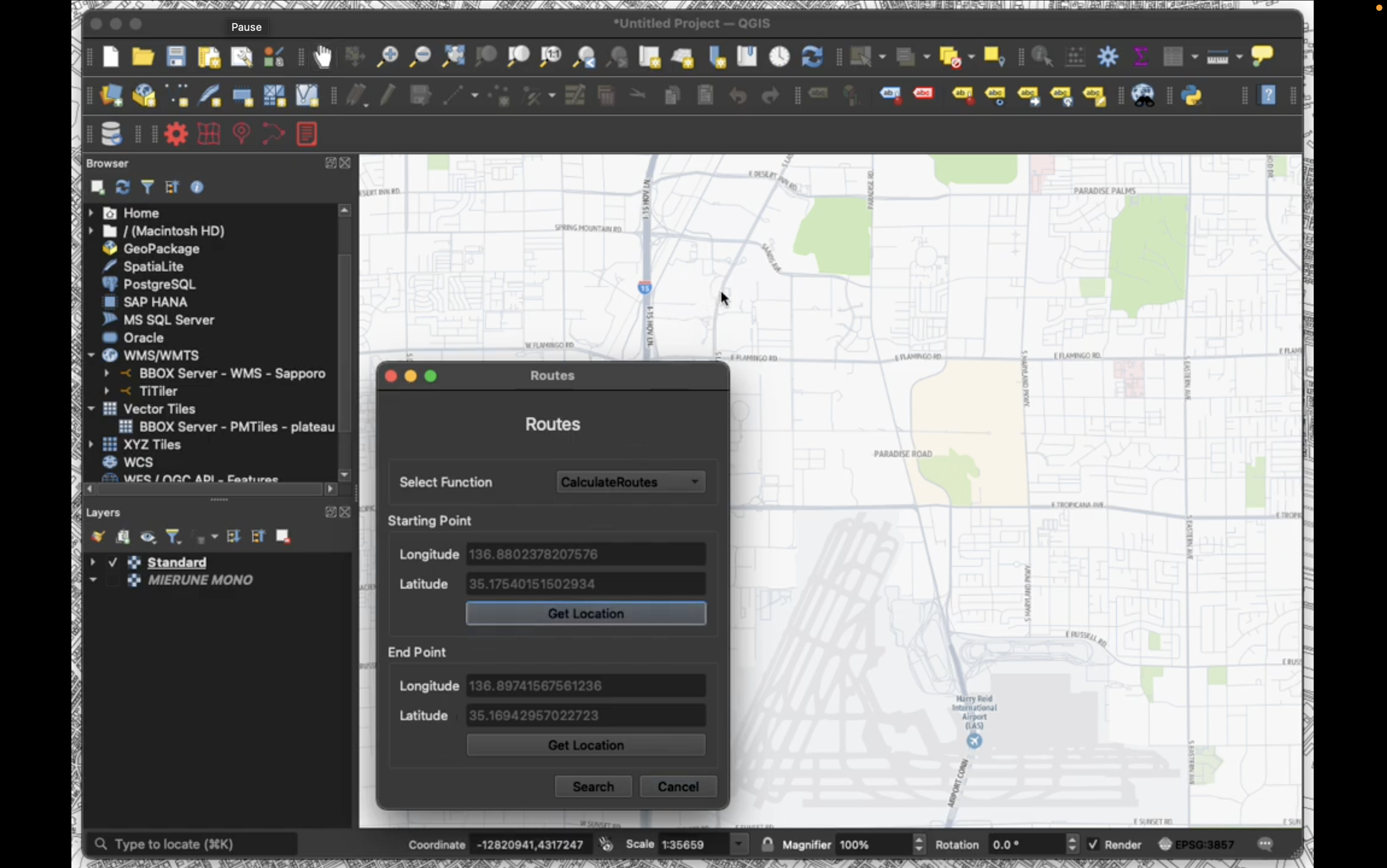 Screenshot of the QGIS application displaying a map interface with a 'Routes' dialog for calculating routes using longitude and latitude coordinates. The screen shows mapping data, options for various database connections, and route calculation fields for starting and end points.