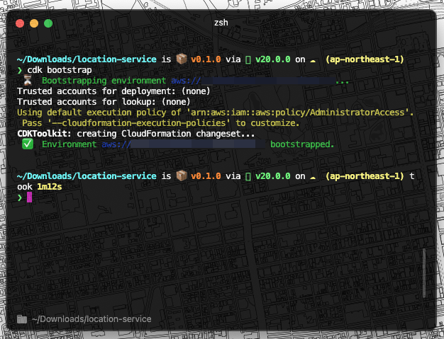 Screenshot of a terminal window showing the output from running 'cdk bootstrap' for an AWS Cloud Development Kit (CDK) project related to AWS Location Service. The terminal displays environment details, execution policies, and successful bootstrapping in the ap-northeast-1 region.