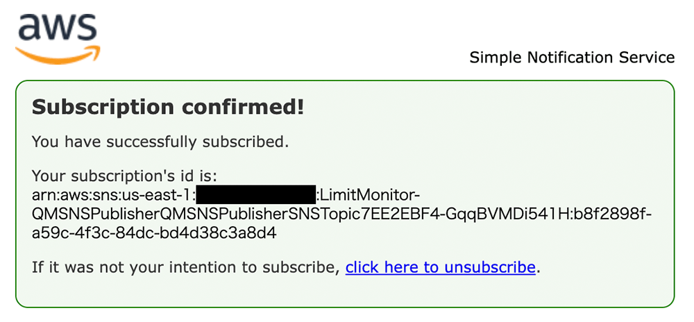 Screenshot of an AWS Simple Notification Service confirmation message indicating a successful subscription, displaying a subscription ID and unsubscribe link.