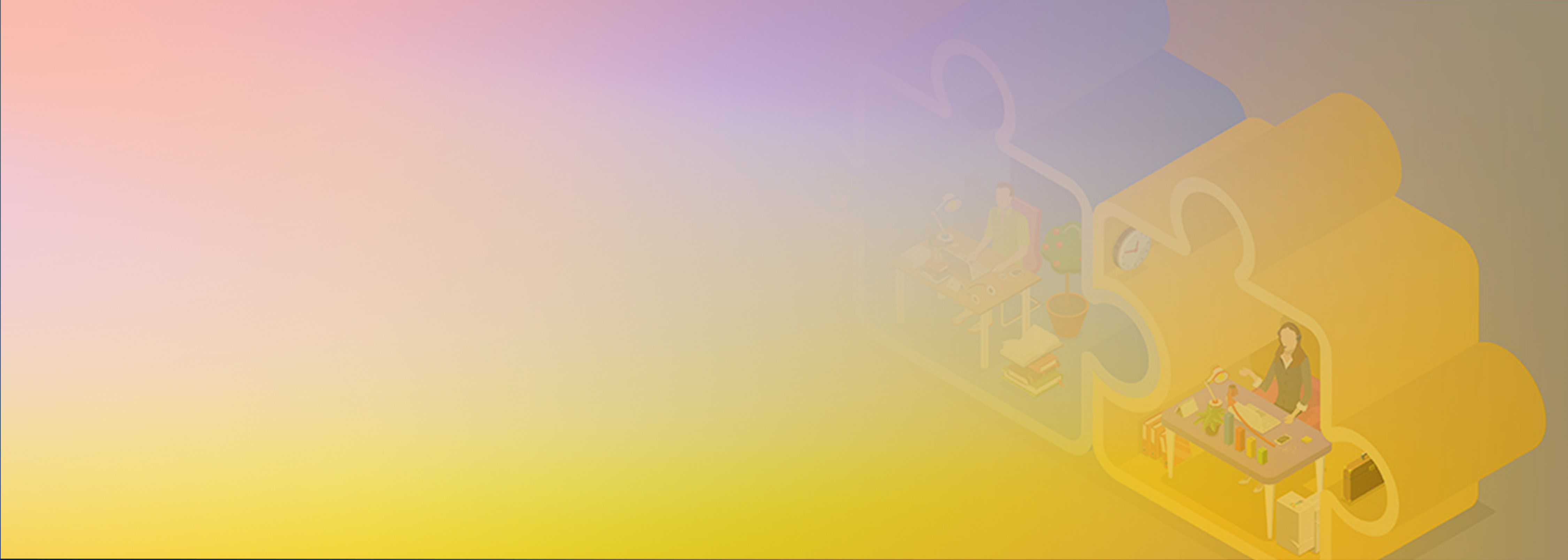 An illustration of a multi-tenant SaaS pattern, showing stylized puzzle-shaped segments with individuals working at desks, representing separation of tenants in a software-as-a-service environment. Background features a pastel color gradient.