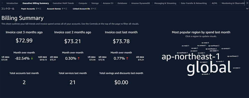 Screenshot of the AWS Billing Summary Dashboard displaying cost optimization data for 2024, including invoice costs for the last three months, month-over-month changes, total accounts, total services, savings and discounts, and a word cloud of most popular AWS regions by spend.