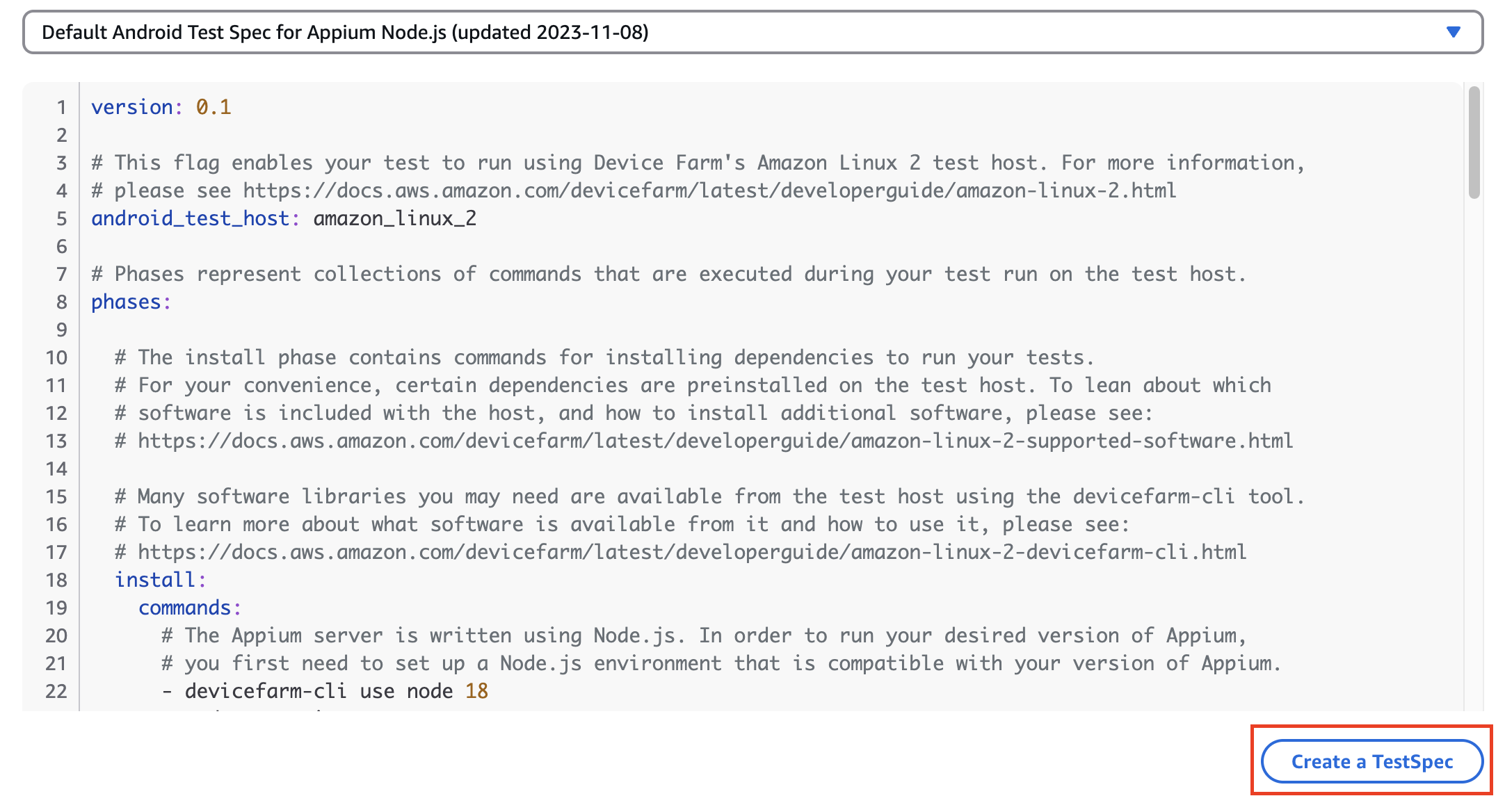 Screenshot of the default Android test specification for Appium Node.js in AWS Device Farm, showing configuration details and install commands using Node.js. Highlighted is the process to set up the Appium test environment on Amazon Linux 2, including YAML configuration and a 'Create a TestSpec' button.