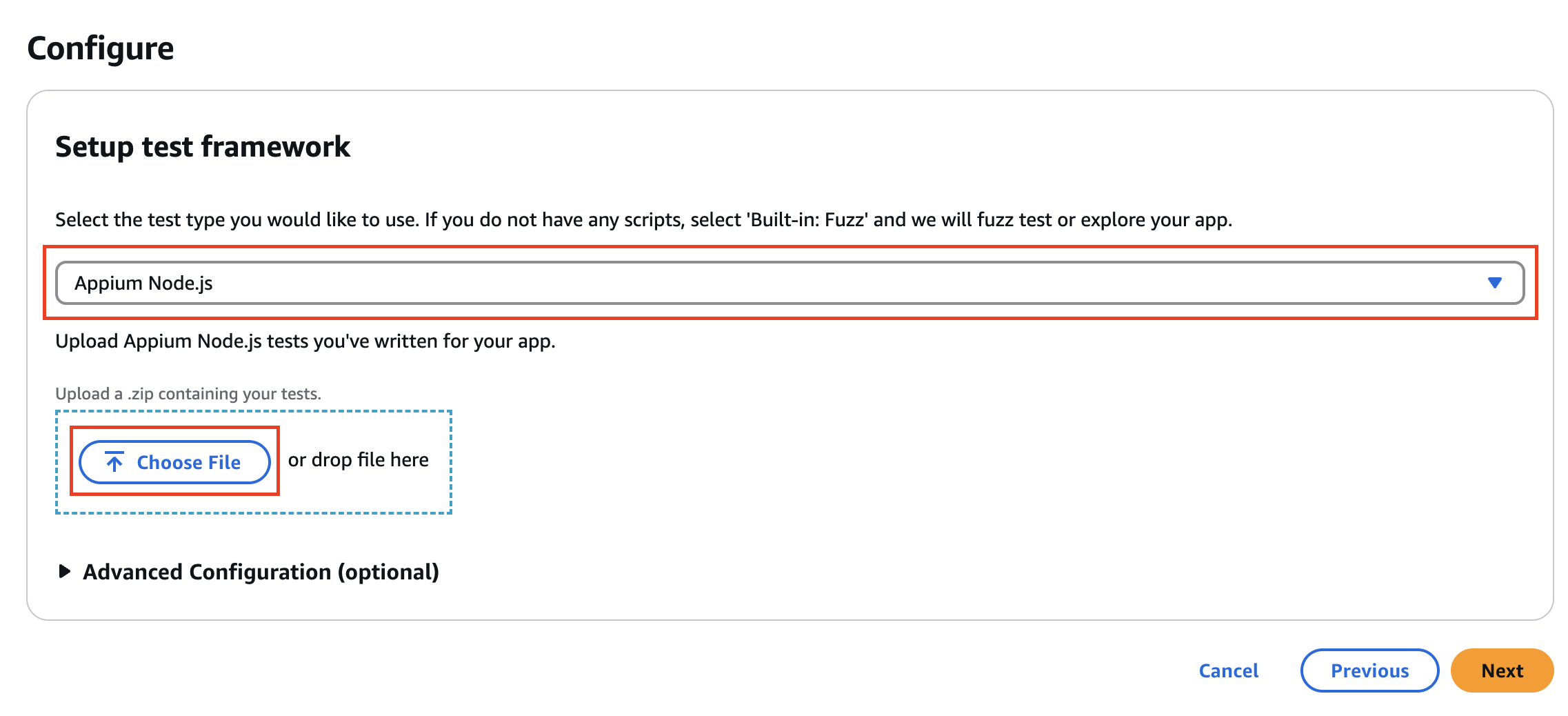Screenshot of the AWS Device Farm configuration page showing the setup process for the Appium Node.js test framework, including the option to upload a .zip file containing tests.