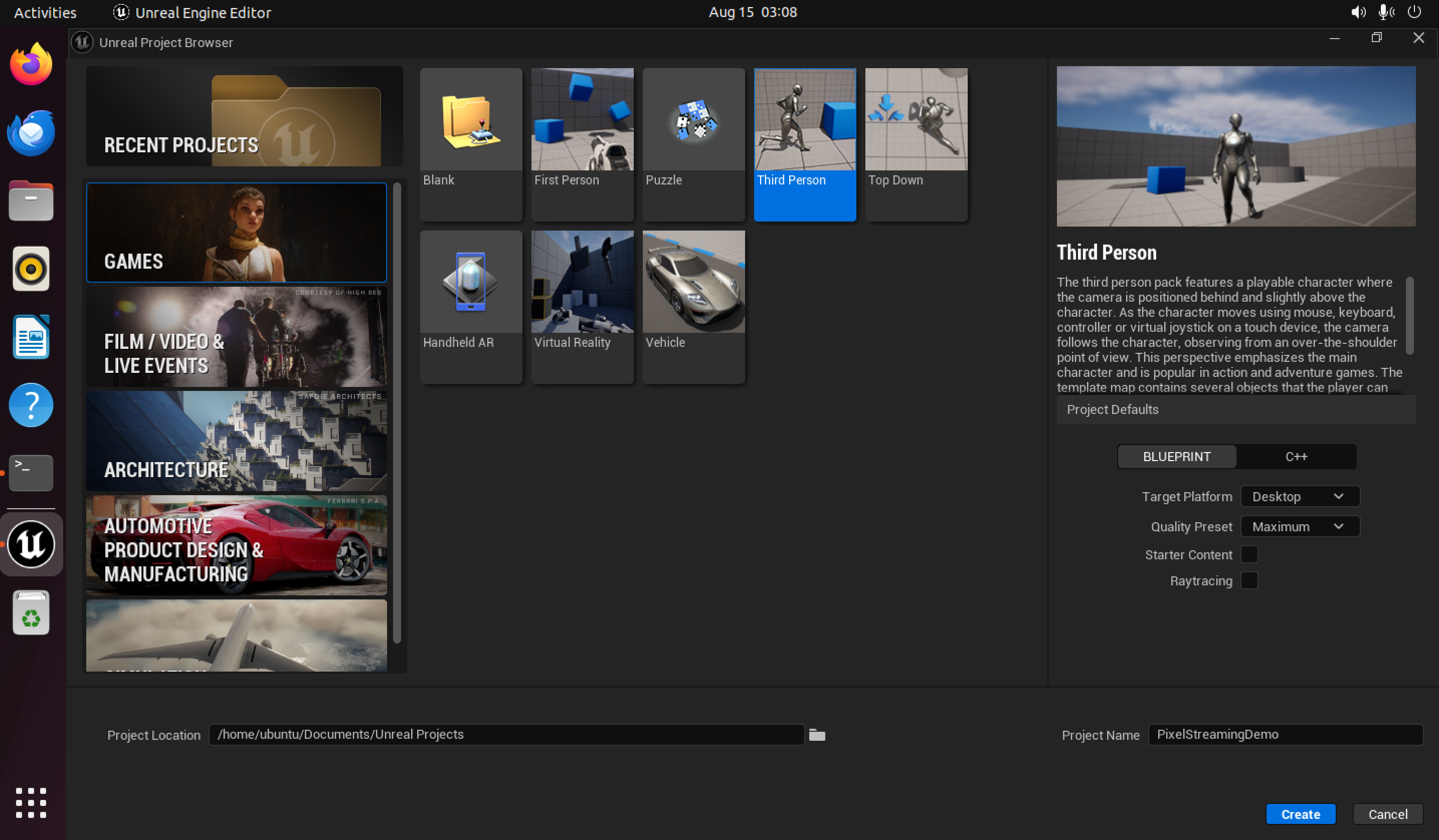 Screenshot of the Unreal Engine Project Browser running on a virtual machine, showcasing project templates including Third Person, First Person, and others. Demonstrates EC2-based pixel streaming using the Unreal Engine Editor interface.