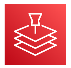 The logo for AWS Location Service featuring a white pushpin and map layers on a red background.