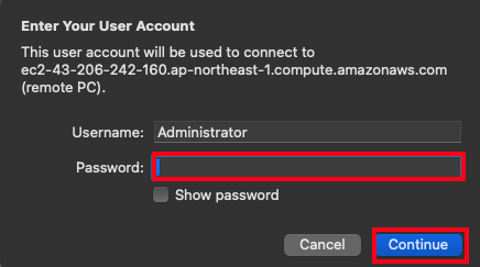 Screenshot of a dialog box prompting for username and password to connect to an Amazon EC2 remote PC instance, with the 'Continue' button highlighted.