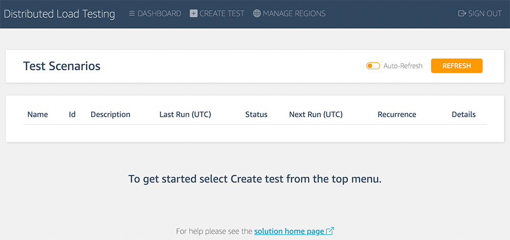 Screenshot of the Distributed Load Testing solution on AWS, showing the Test Scenarios dashboard with table columns for Name, Id, Description, Last Run (UTC), Status, Next Run (UTC), Recurrence, and Details. The message instructs the user to select Create test from the top menu to get started.