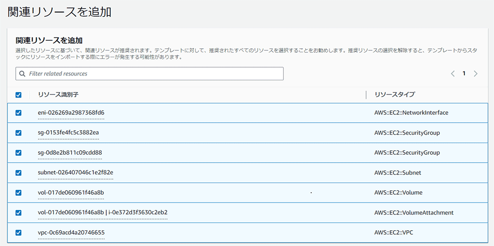 Screenshot of the Japanese AWS CloudFormation interface showing the process to add related resources, including various EC2 components such as Network Interface, SecurityGroup, Subnet, Volume, VolumeAttachment, and VPC.