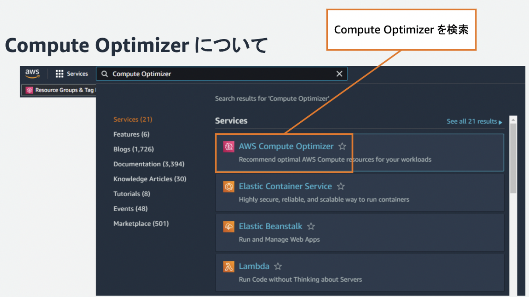 Screenshot of the AWS Management Console showing a search for 'Compute Optimizer' in Japanese, highlighting the AWS Compute Optimizer service and interface elements in Japanese.