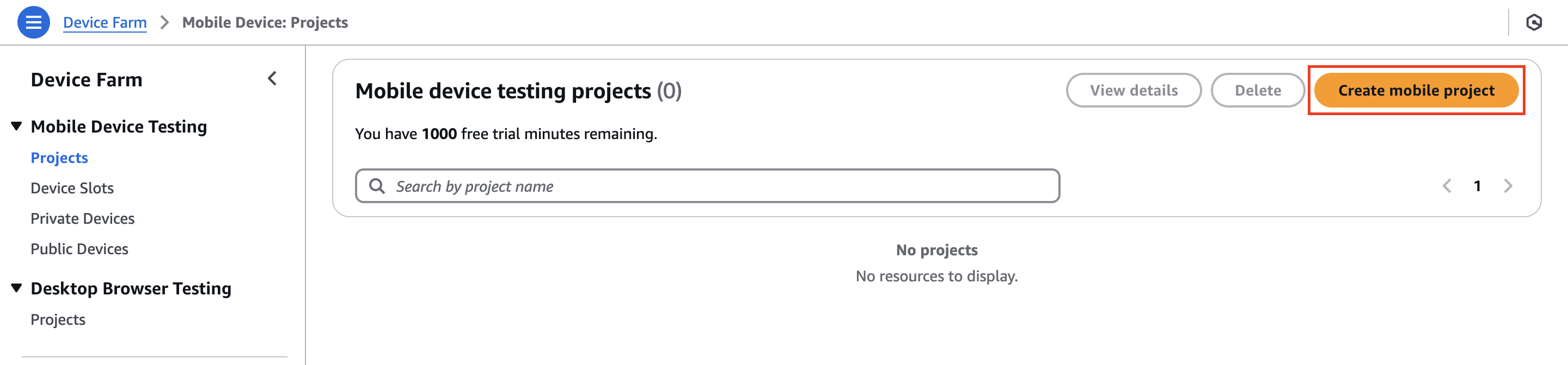 Screenshot of the AWS Device Farm console showing the Mobile Device Testing Projects page, highlighting the 'Create mobile project' button with 1000 free trial minutes remaining.