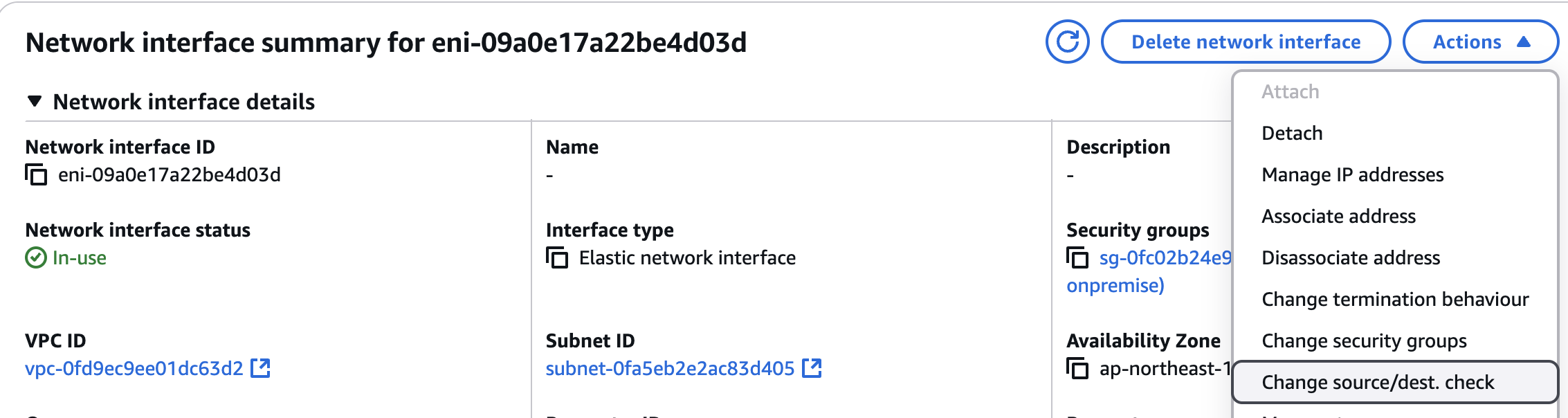 Screenshot of the AWS console showing the network interface summary for eni-09a0e17a22be4d03d, including details like interface type, status, VPC ID, subnet ID, security groups, and available action menu for managing the interface. This is part of a try EKS hybrid nodes workflow.