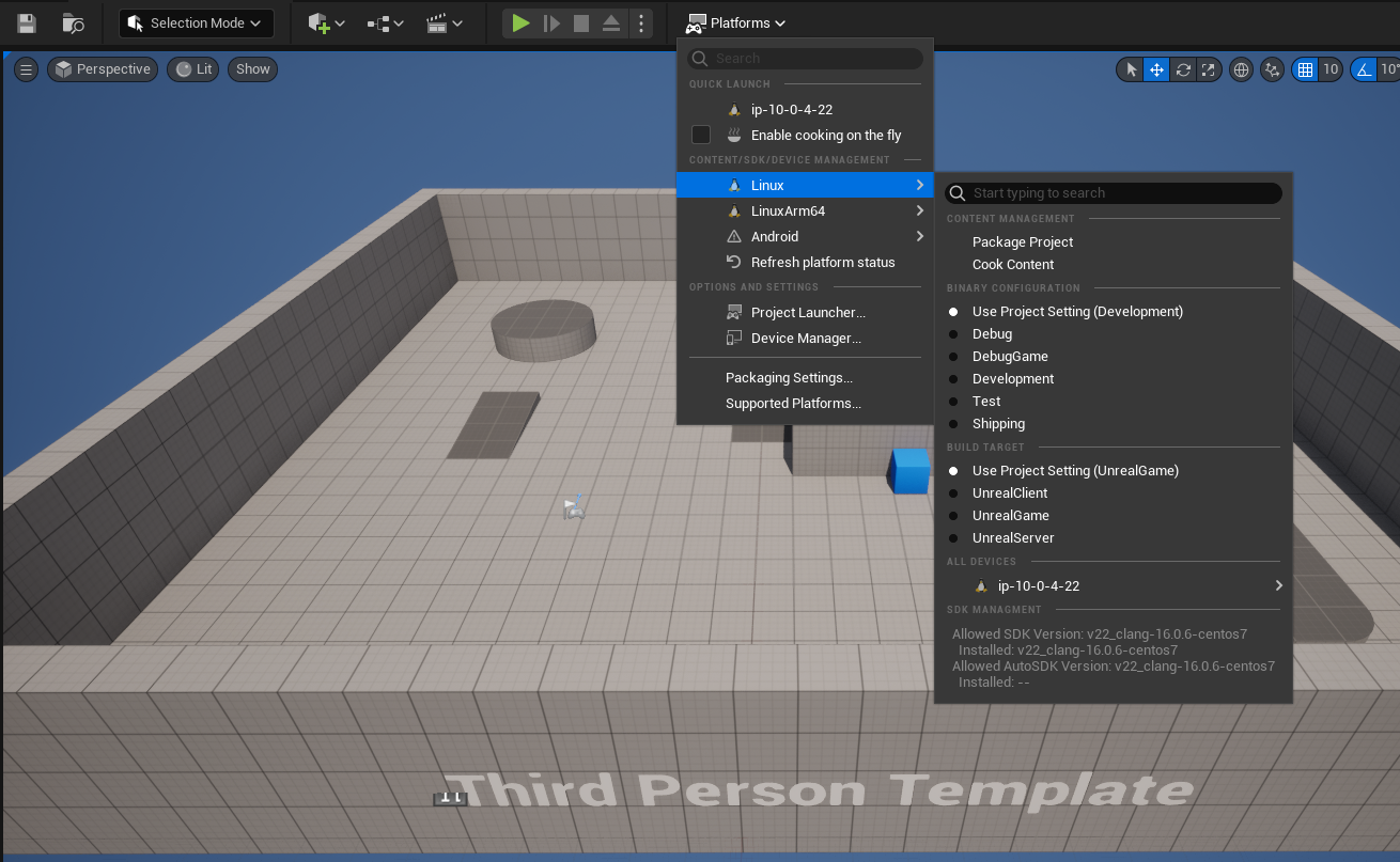 Screenshot of Unreal Engine's platform selection and packaging menu, showing a third person template environment. The dropdown menus display options to select the target platform such as Linux, LinuxArm64, and Android for deployment, with other binary configurations and device management options. This is used in the context of EC2 Pixel Streaming.