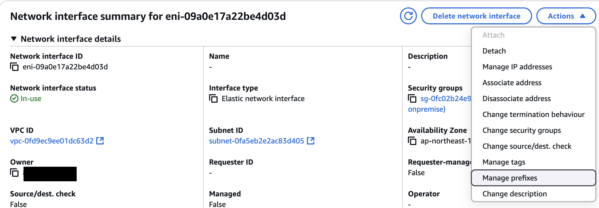 Screenshot of the AWS Management Console showing the network interface summary for eni-09a0e17a22be4d03d, including details like VPC ID, subnet ID, interface type, security groups, availability zone, and the actions menu.