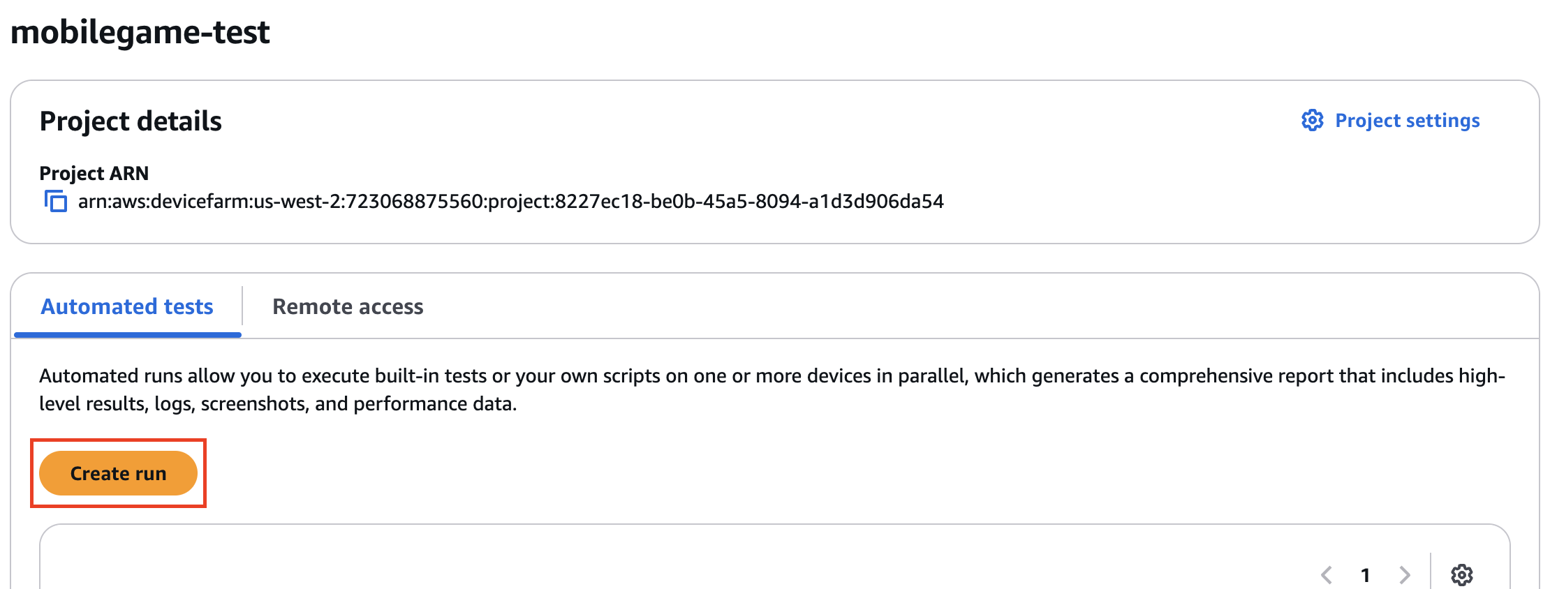 Screenshot of the AWS Device Farm interface showing the process of creating an automated test run for a mobile game project. The interface highlights project details, the 'Automated tests' tab, and the 'Create run' button for running built-in or custom scripts on multiple devices in parallel.