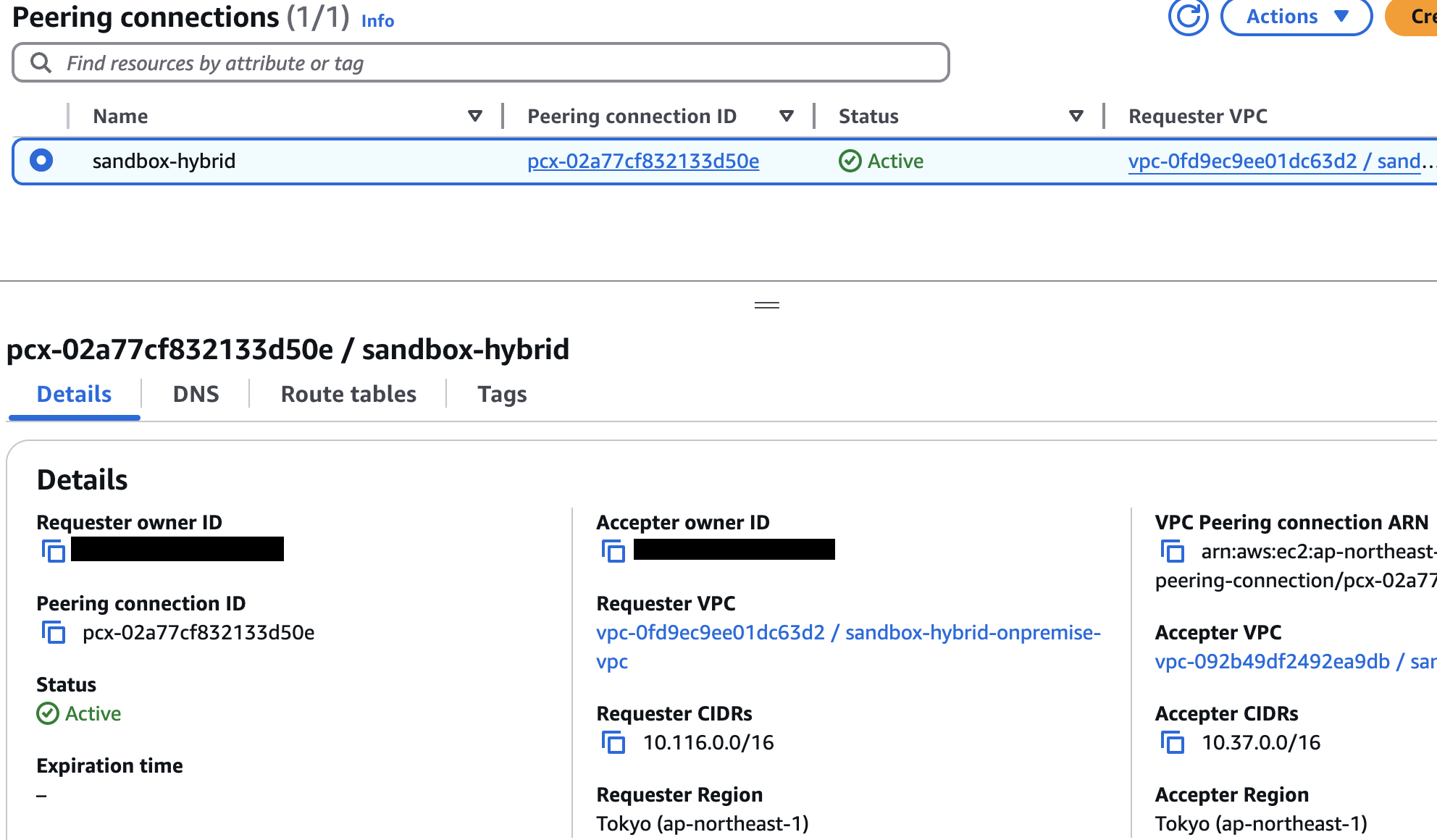 Screenshot of the AWS Management Console displaying the details of an active VPC peering connection named 'sandbox-hybrid' between two VPCs in the Tokyo (ap-northeast-1) region. The image shows requester and accepter VPC, CIDRs, connection status, and related metadata, with sensitive owner IDs redacted.
