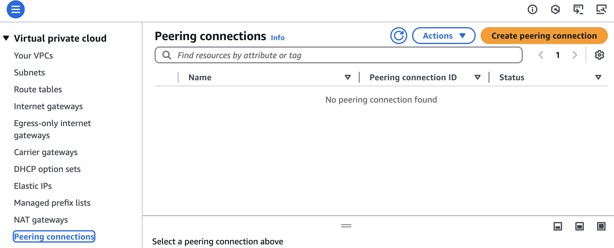 Screenshot of the AWS Management Console showing the 'Peering connections' section under Virtual Private Cloud (VPC) with no peering connections found. The left sidebar lists various VPC resources including Your VPCs, Subnets, Route tables, Internet gateways, and more. The right panel displays a button to create a new peering connection.