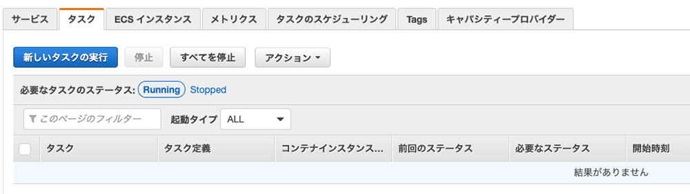 Screenshot of the AWS ECS (Elastic Container Service) console displaying an empty task list in Japanese, showing no tasks currently running or stopped.