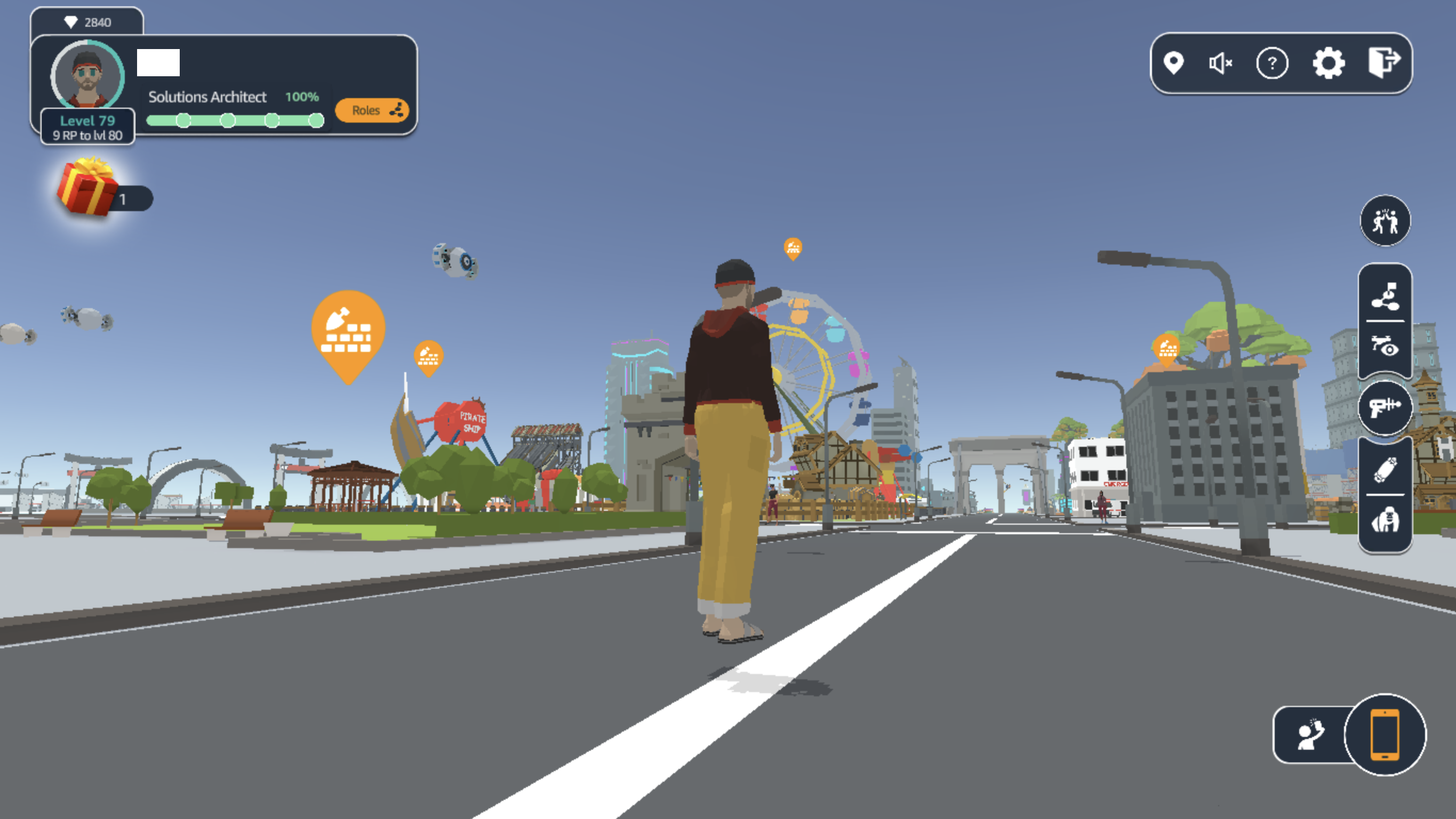 Screenshot of the AWS Cloud Quest: Solutions Architect game interface showing an avatar in a 3D virtual city environment with role-based progress indicators and various in-game icons and navigation elements.