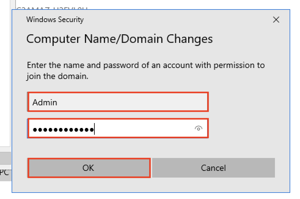 Screenshot of a Windows Security dialog for Computer Name/Domain Changes, prompting the user to enter the name and password of an account (showing 'Admin' in the username field and a masked password) to join a domain.