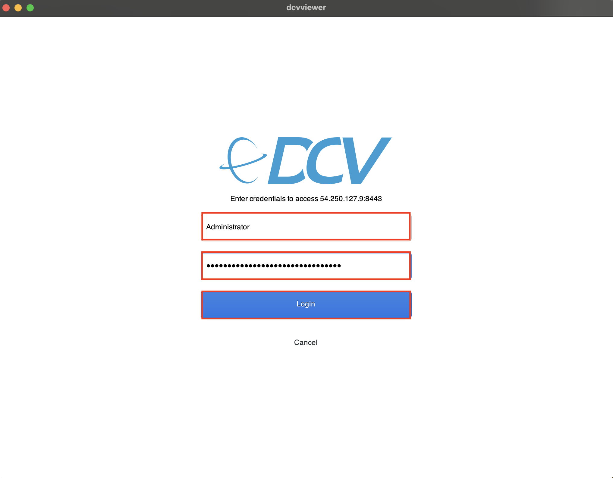 Screenshot of the NICE DCV login interface, showing fields for entering administrator credentials and a login button.