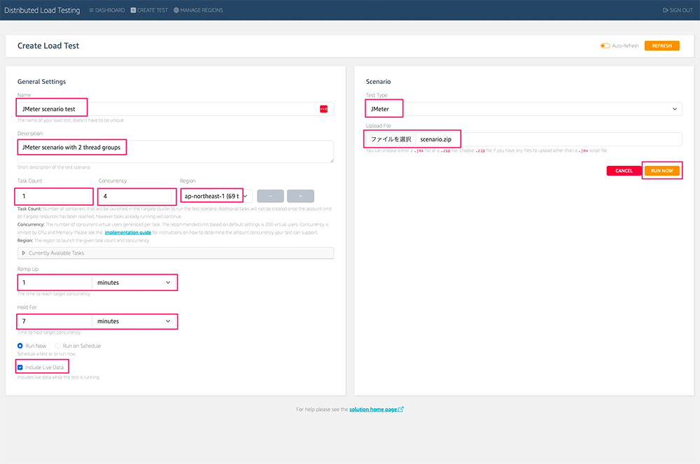 Screenshot of the 'Create Load Test' screen for Distributed Load Testing on AWS, showing configuration for a JMeter scenario test, task count, concurrency, region, ramp up, hold duration, and file upload options.