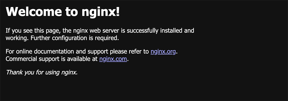 Screenshot of the default welcome page for the nginx web server, indicating successful installation and the need for further configuration, with links to nginx.org for documentation and support.