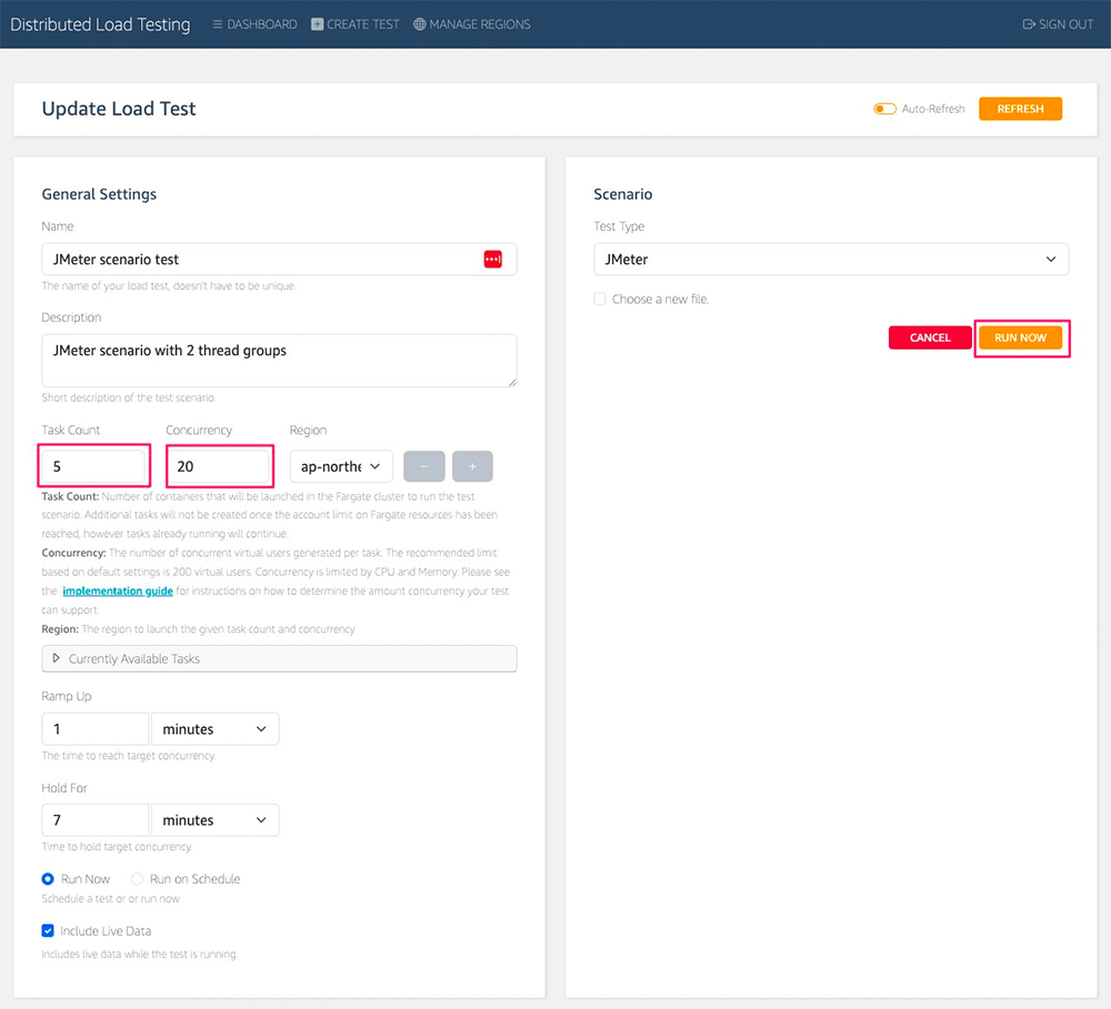 Screenshot of the 'Update Load Test' interface for distributed load testing on AWS, showing configuration settings for a JMeter scenario with two thread groups. The form displays fields for name, description, task count (5), concurrency (20), AWS region, ramp up and hold times, as well as options to run the test immediately or on schedule.