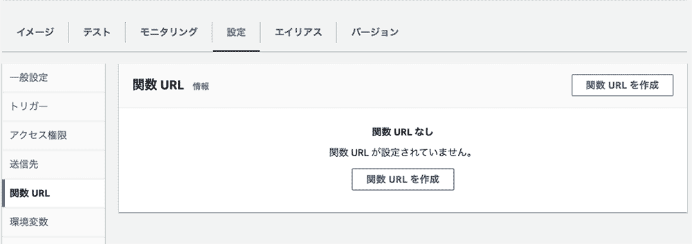 AWS Lambdaの管理コンソール日本語インターフェースにおける、関数URL（エンドポイント）の設定画面のスクリーンショット。機能ごとのタブや各種設定オプションが表示されている。