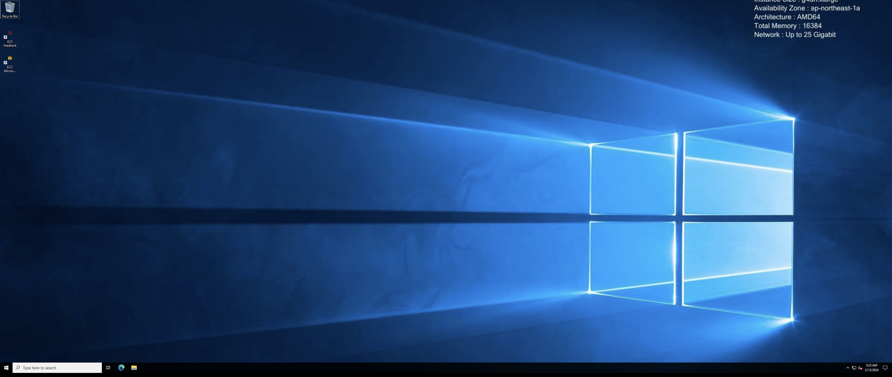 Screenshot of a Windows Server desktop running on an AWS EC2 instance, featuring the default blue Windows wallpaper, desktop shortcuts, and system information overlay including instance type, availability zone, architecture, total memory, and network speed.