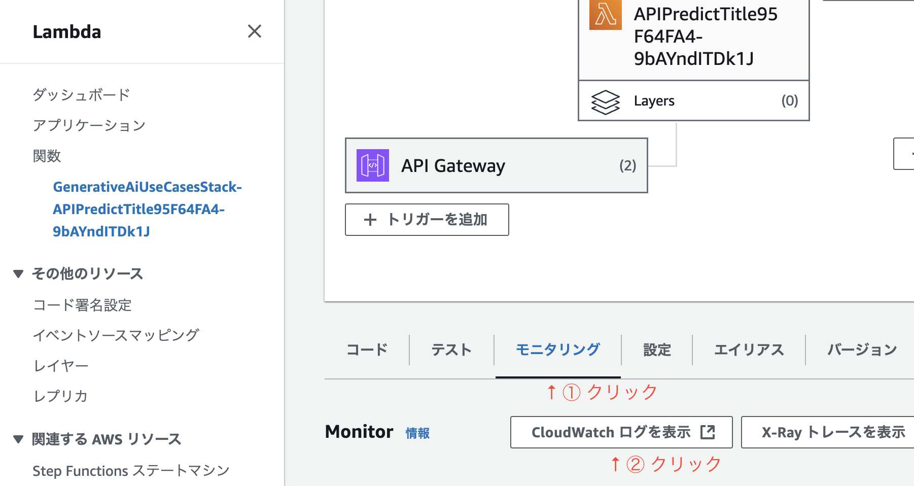 Screenshot of the AWS Lambda console in Japanese, showing the monitoring tab with API Gateway as a trigger and options to view CloudWatch logs and X-Ray traces. Includes navigation and function details for monitoring AWS Lambda functions.