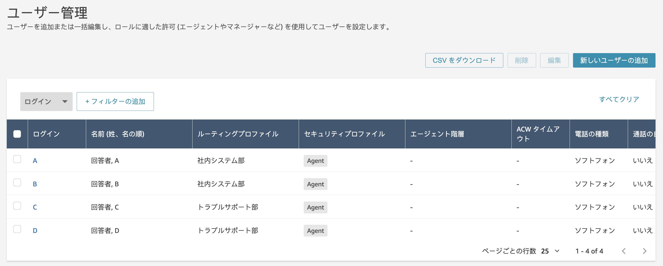 Screenshot of the user management interface in AWS Connect with Japanese language display, showing user roles and settings options.