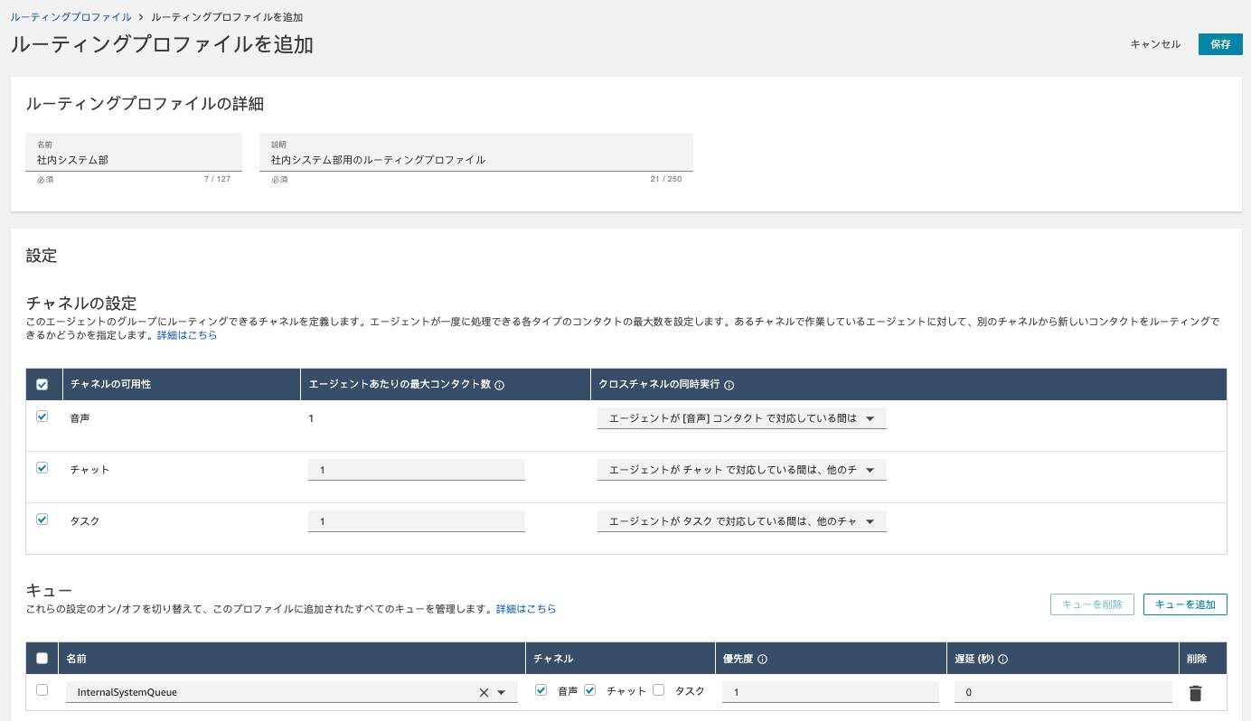 Screenshot of the Amazon Connect routing profile settings page shown in Japanese, displaying channel configuration and queue management options in the contact center interface.