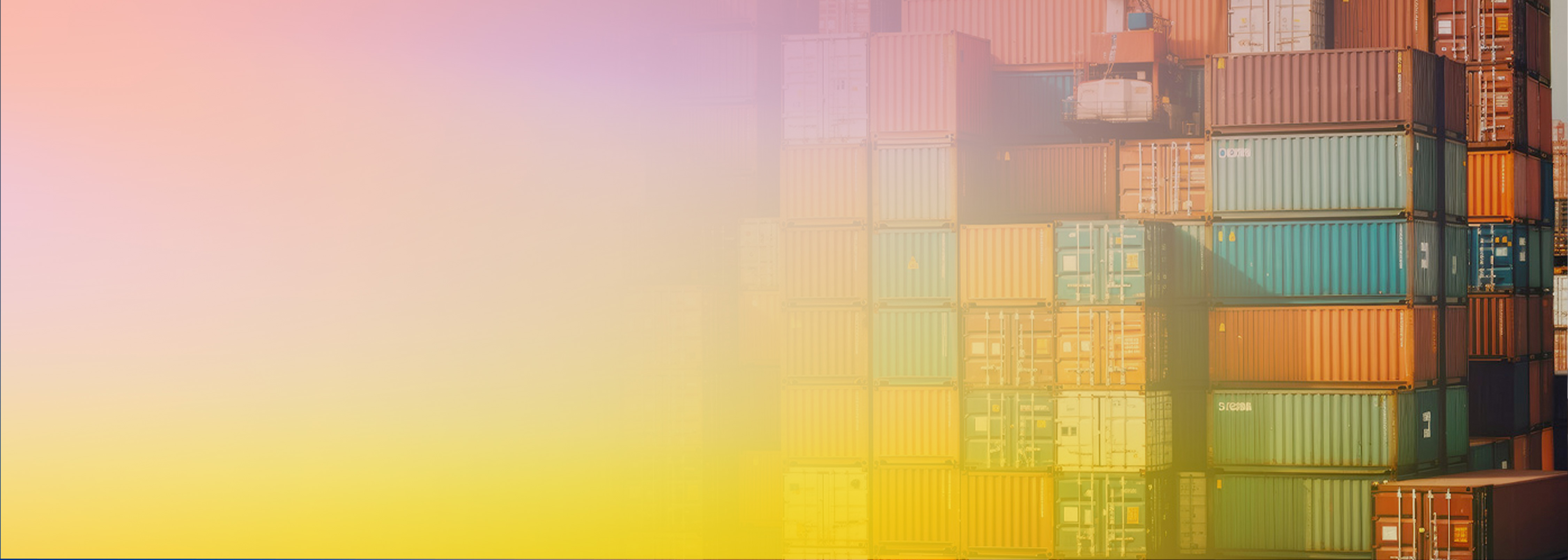 Stacked colorful shipping containers with a pastel gradient overlay, representing containerized workloads or Lambda container runtime on AWS.