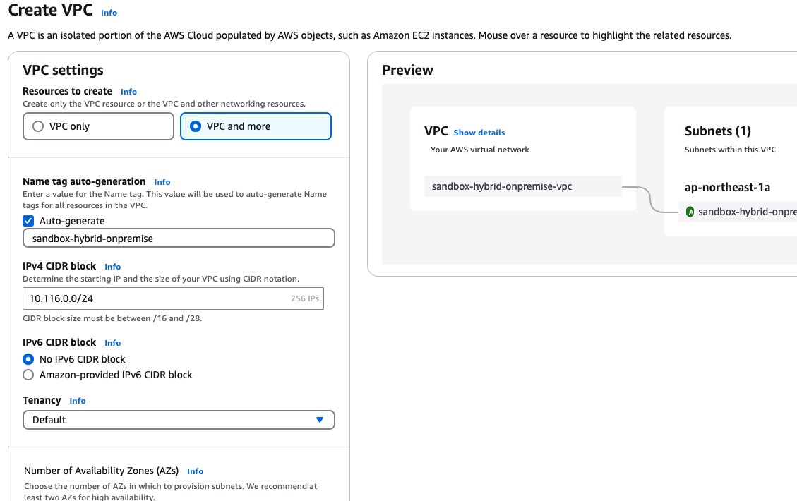 Screenshot of the AWS Management Console showing the Create VPC page with settings for a sandbox hybrid on-premise VPC, including auto-generated name tag, IPv4 CIDR block, tenancy, and subnet preview.